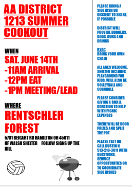 District 1213 Summer Cookout @ Rentschler Forest HF Walsh Shelter